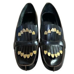 Chloe Brass Kilte Fringe Loafers Black Leather Womens Size 36.5 6.5 Flat